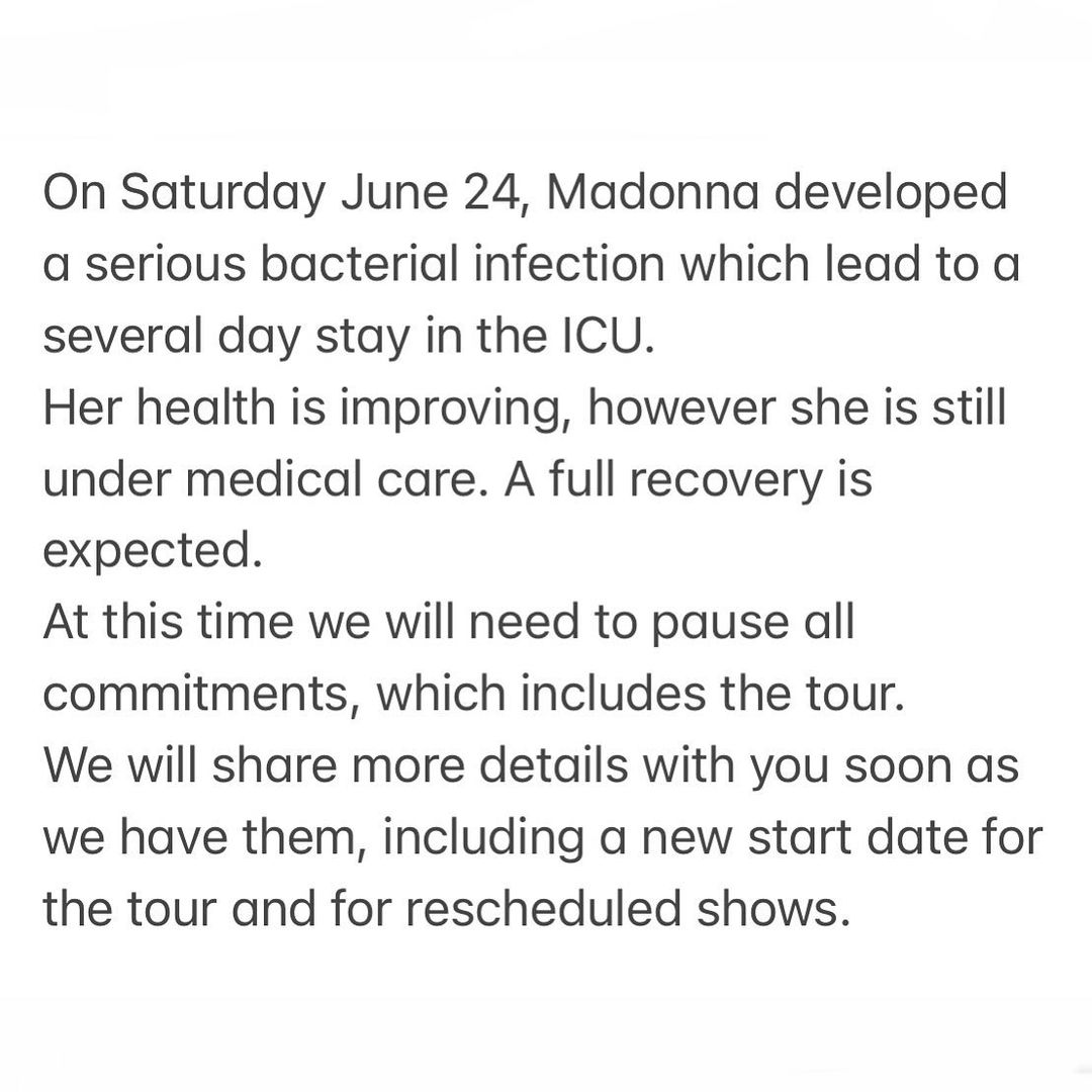 Actualizan estado de salud de Madonna tras infección bacteriana