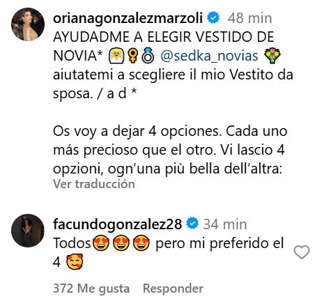Comentario de Facundo a Oriana en Instagram
