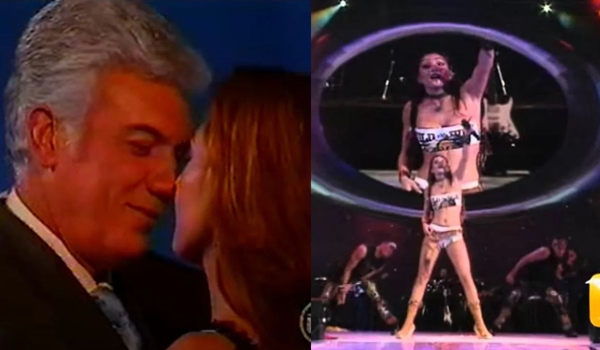 A la izquierda Patricia Manterola junto a Antonio Vodanovic en Viña del Mar 2002 y de derecha la cantante en una presentación en la Quinta Vergara, 1995