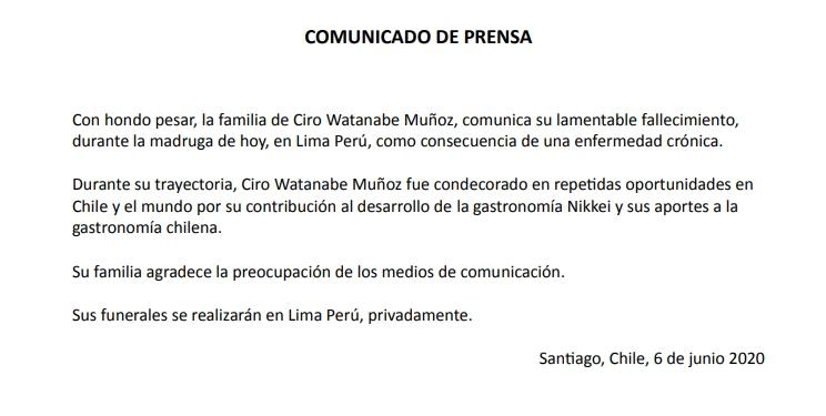 Familia revela la causa del fallecimiento de Ciro Watanabe 13.cl