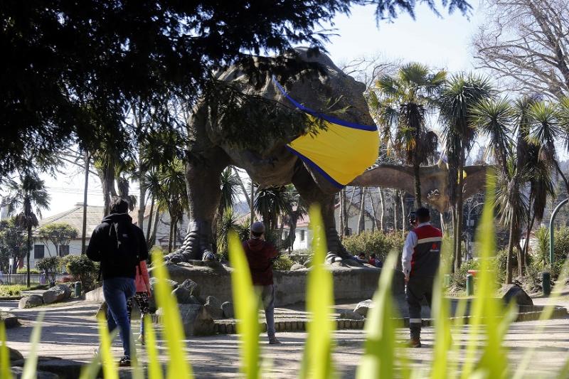 Dinosaurios de plaza en Concepción lucen mascarillas amarillas