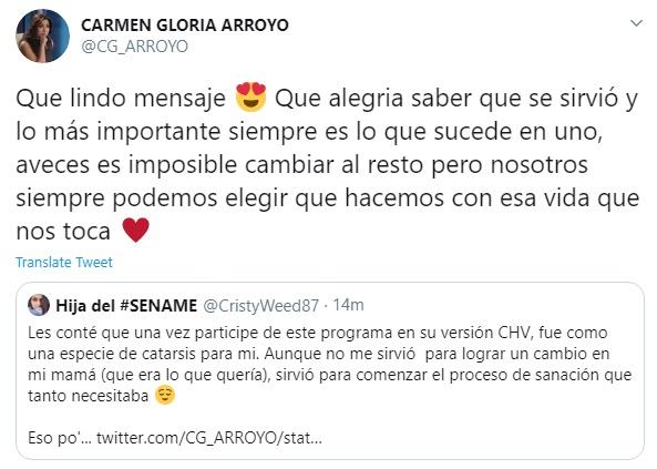 Carmen Gloria Arroyo hace emotiva reflexión al recibir mensaje de tuitera