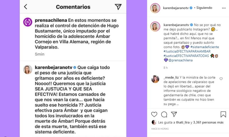 Karen Bejarano acusa censura al publicar comentario sobre caso Ámbar
