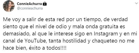 Connie Achurra se aleja de Twitter por la “mala onda gratuita”