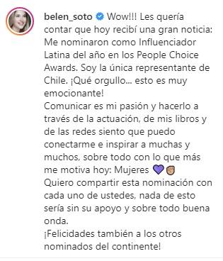 Belén Soto es nominada en conocida premiación internacional