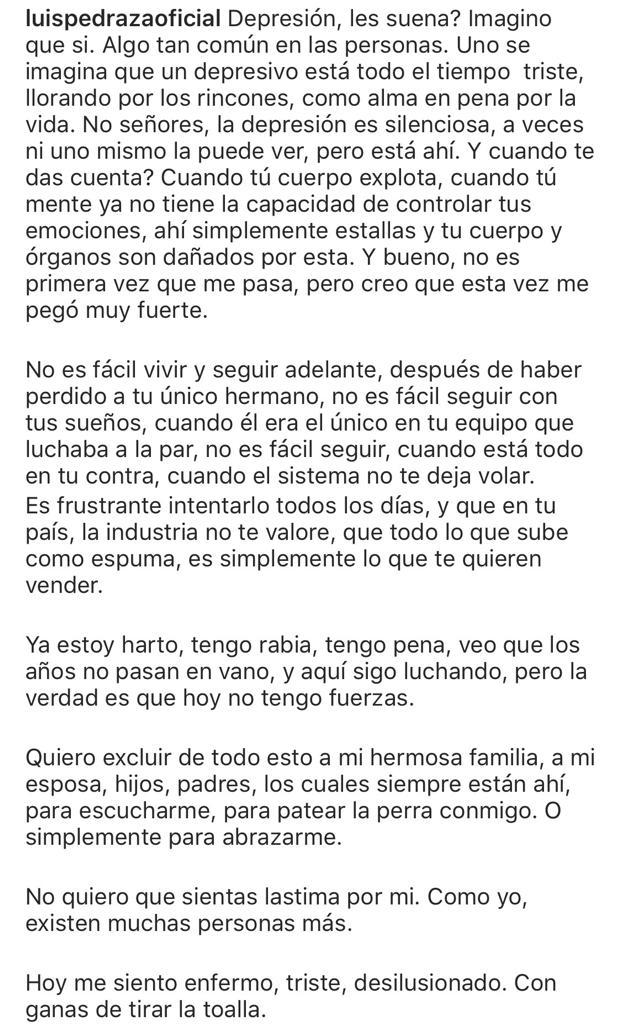 “Hoy no tengo fuerzas”: Luis Pedraza confiesa que tiene depresión