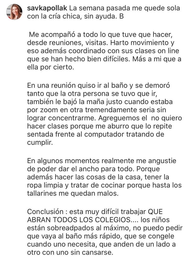 Savka Pollak recibe críticas tras pedir que abran todos los colegios