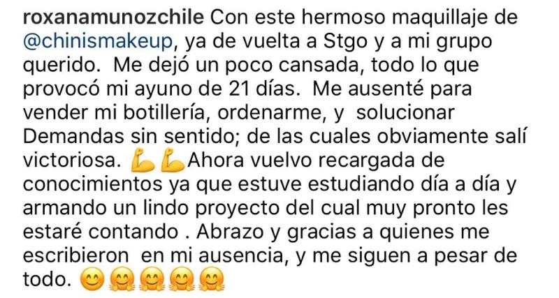 Roxana Muñoz reaparece tras polémica por ayuno de 21 días
