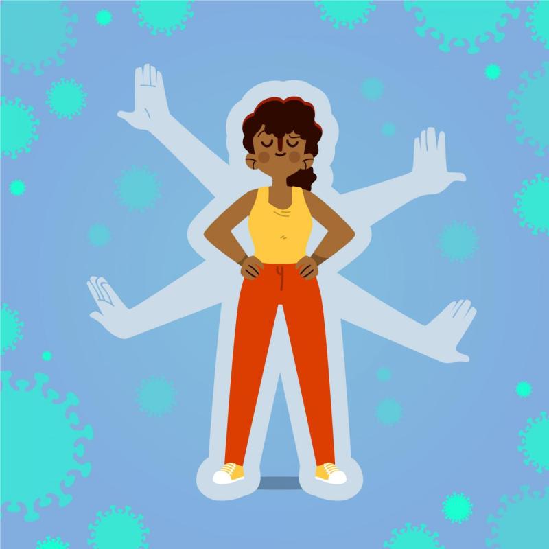 Mujer feliz con manos defendiéndola del exterior