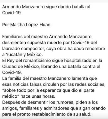 Confirman la muerte de Armando Manzanero
