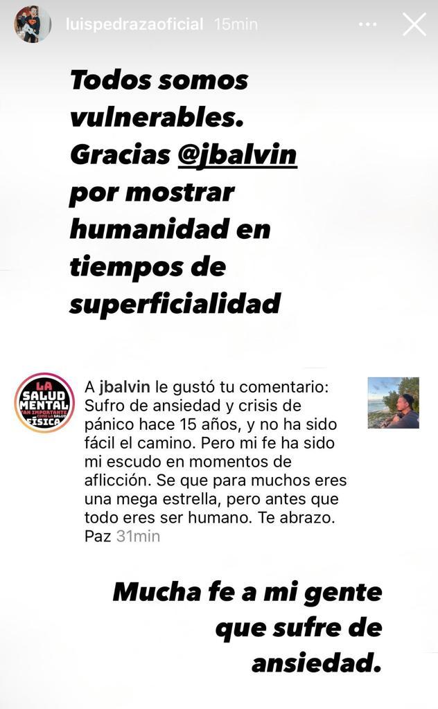 J Balvin reacciona a confesión de Luis Pedraza sobre su salud