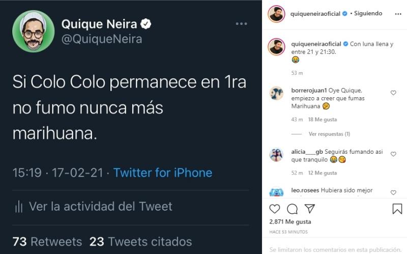Quique Neira promete dejar la marihuana si Colo Colo no desciende