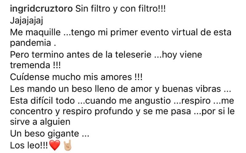 Ingrid Cruz se muestra sin filtro para evento online