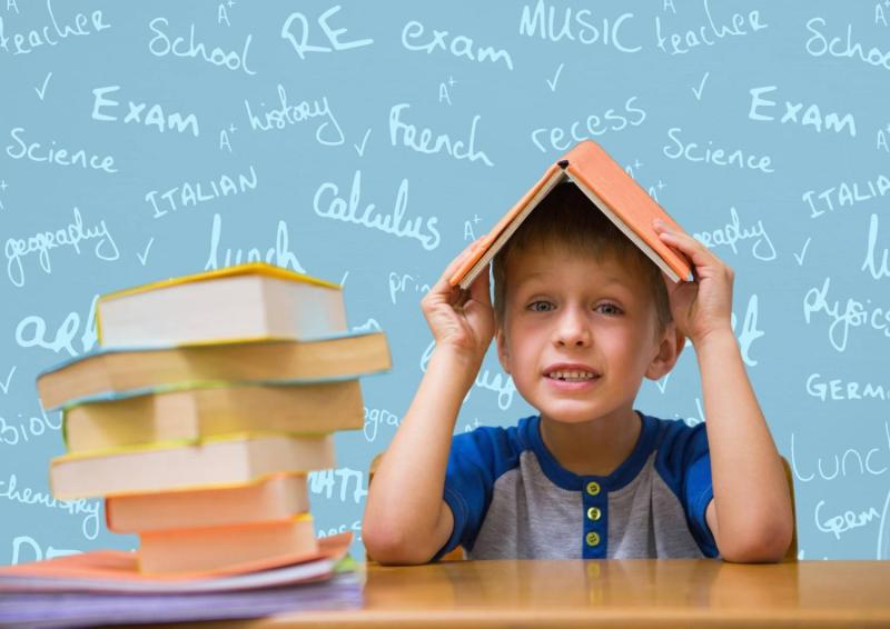 Niño con libro en la cabeza