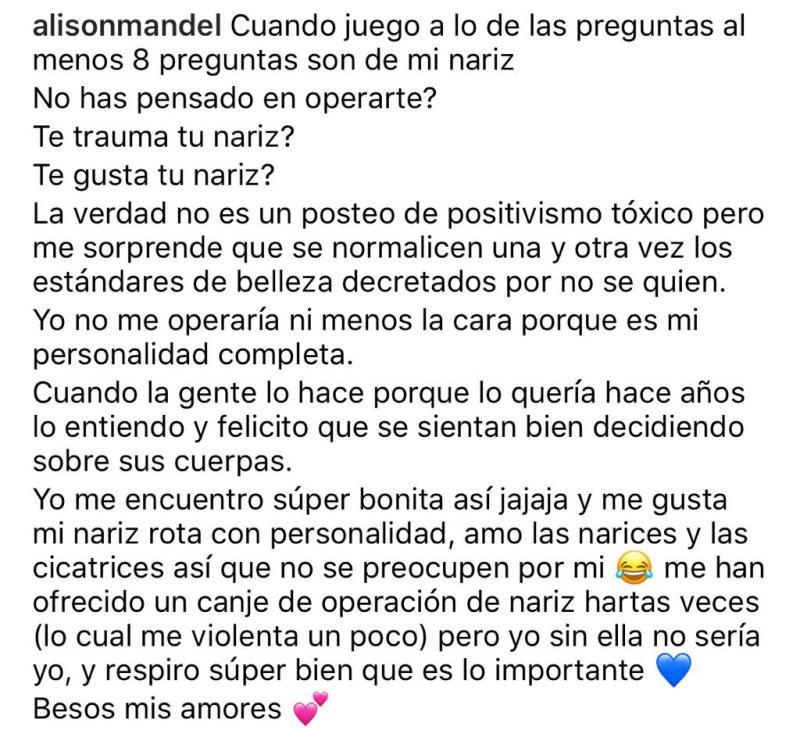 Alison Mandel responde a quienes le piden que se opere su nariz