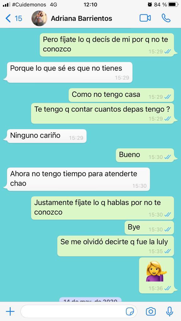 Revelan polémico Whatsapp entre Adriana Barrientos y Joche Bibbó