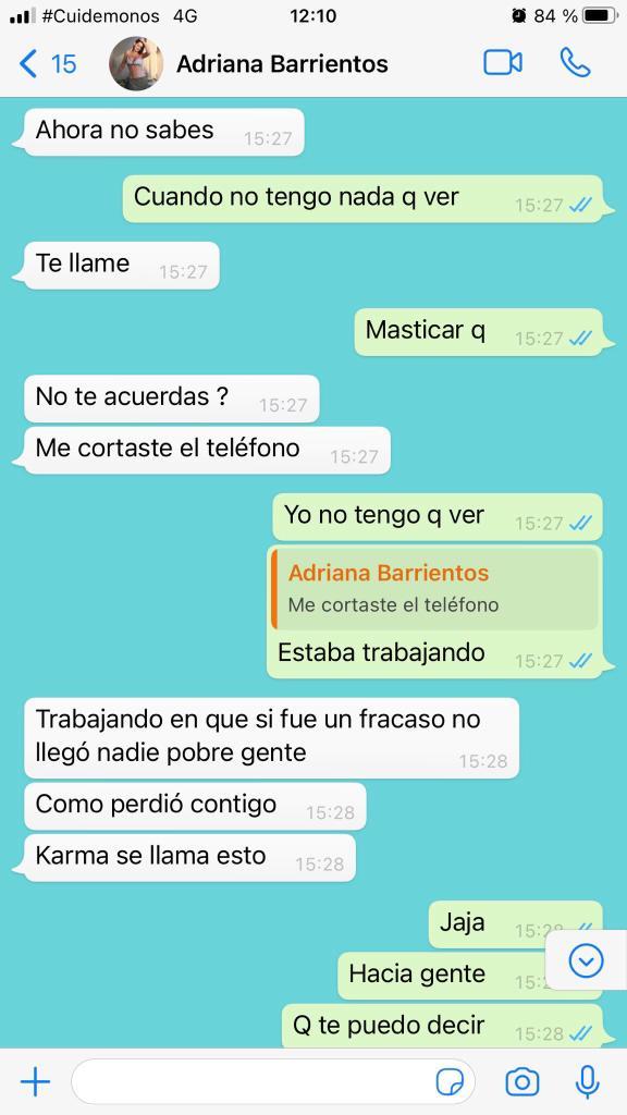 Revelan polémico Whatsapp entre Adriana Barrientos y Joche Bibbó