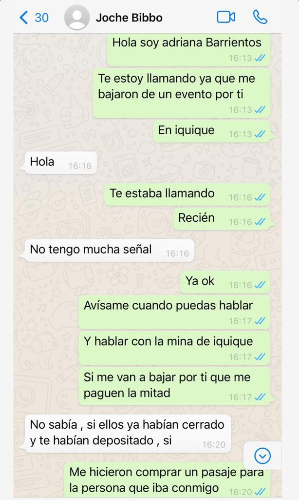 Revelan polémico Whatsapp entre Adriana Barrientos y Joche Bibbó