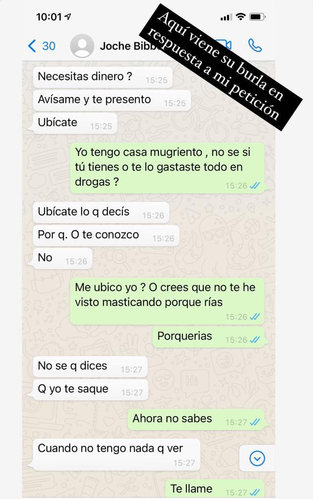 Revelan polémico Whatsapp entre Adriana Barrientos y Joche Bibbó