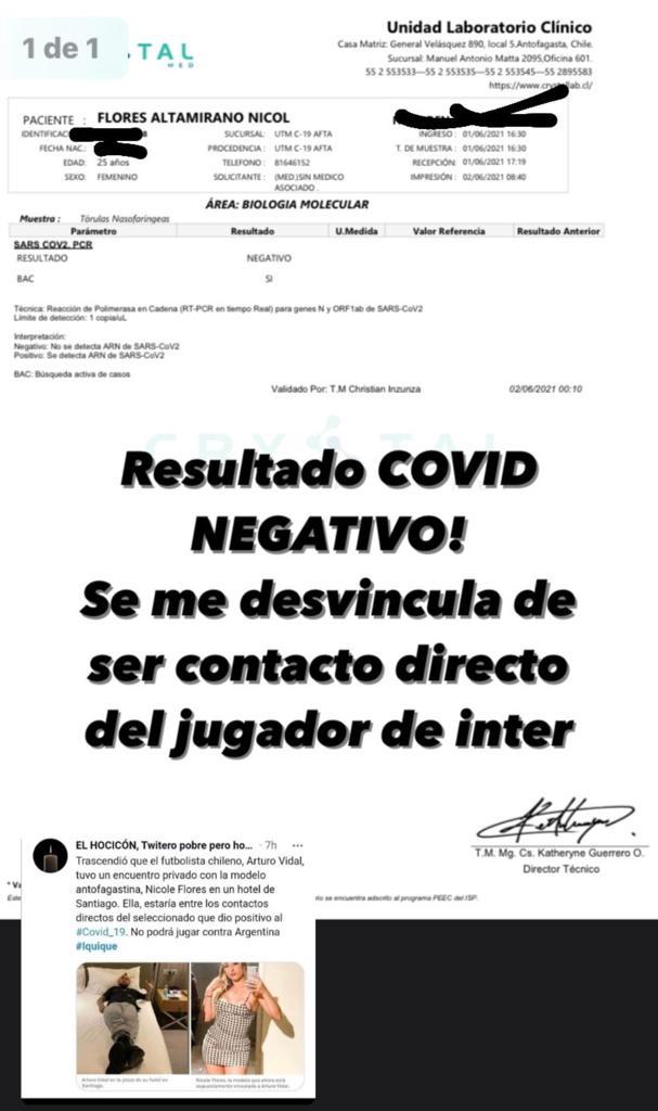 Promotora vinculada con Arturo Vidal da negativo por Covid