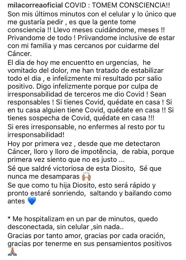 Mila Correa es hospitalizada tras dar positivo por Covid