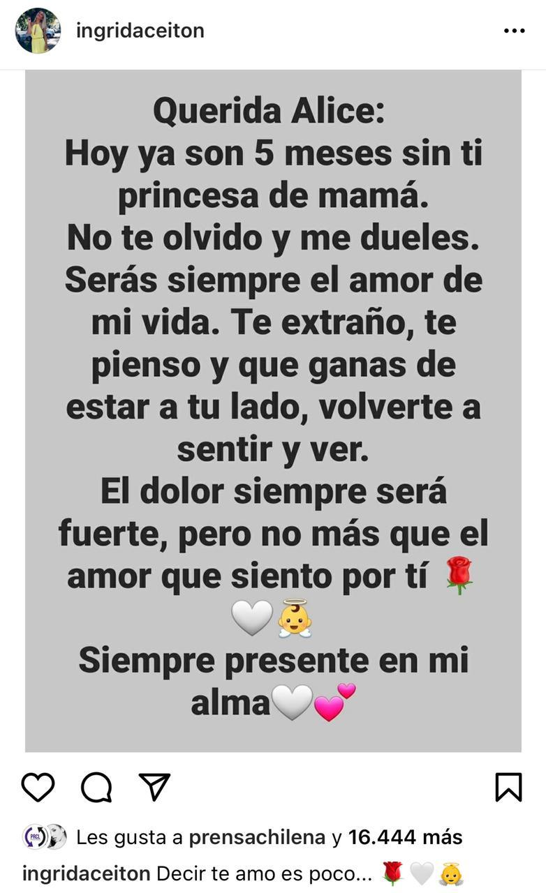 El mensaje de Ingrid Aceitón a 5 meses de perder a su hija