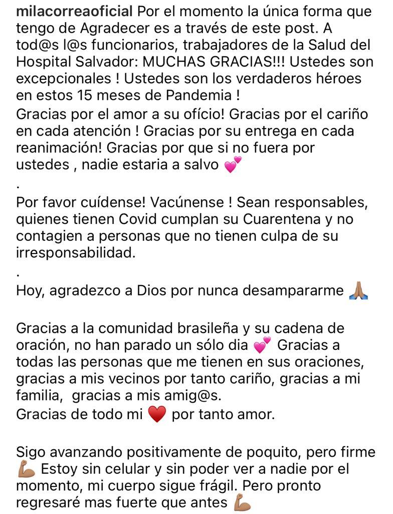 Mila Correa reaparece en redes mientras lucha contra el Covid