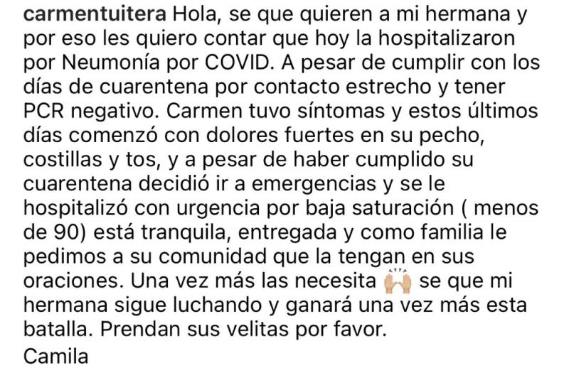 Internan de urgencia a Carmen Tuitera por Covid