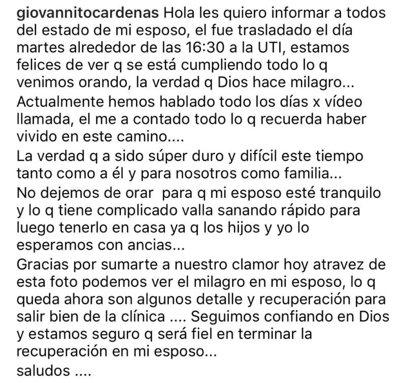 Revelan foto de Giovanni Cárdenas, quien lucha contra el Covid