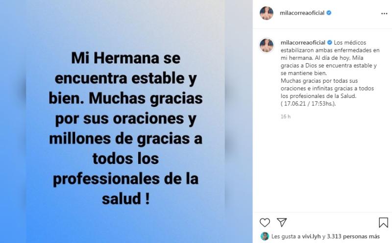 Divulgan estado de Mila Correa tras ser internada por Covid