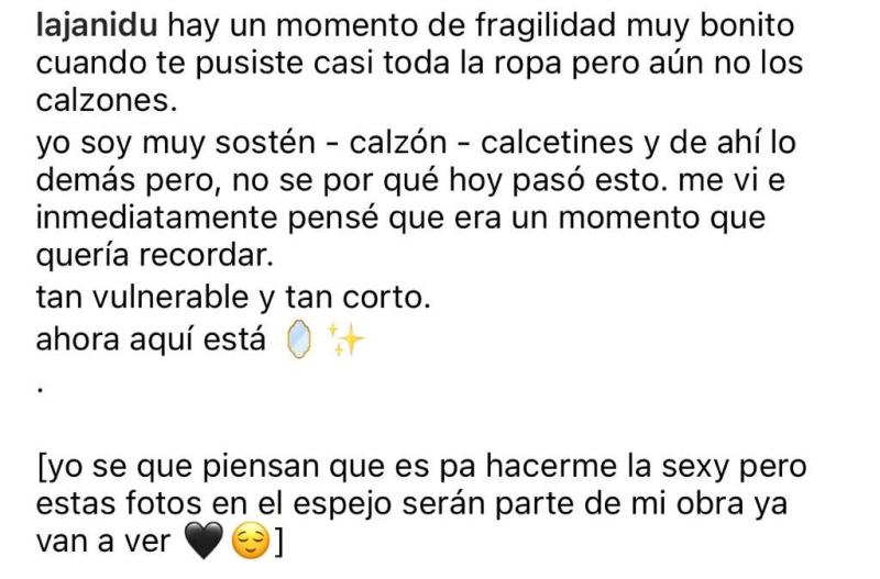 “Momento de fragilidad”: Jani Dueñas comparte foto sin calzones