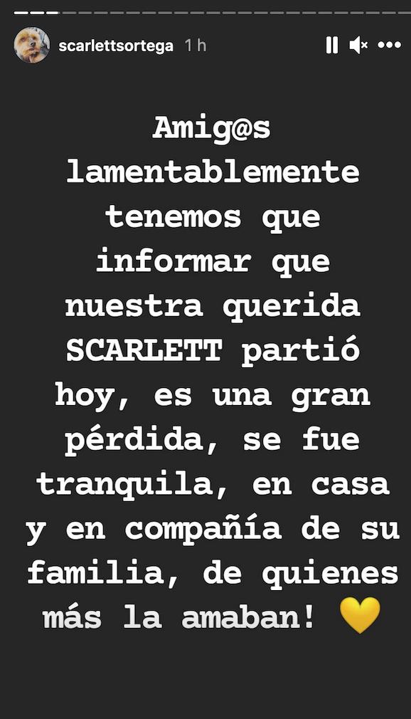 Confirman el fallecimiento de Scarlett Ortega