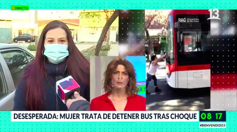 Mujer trata de detener bus tras choque en Santiago Centro