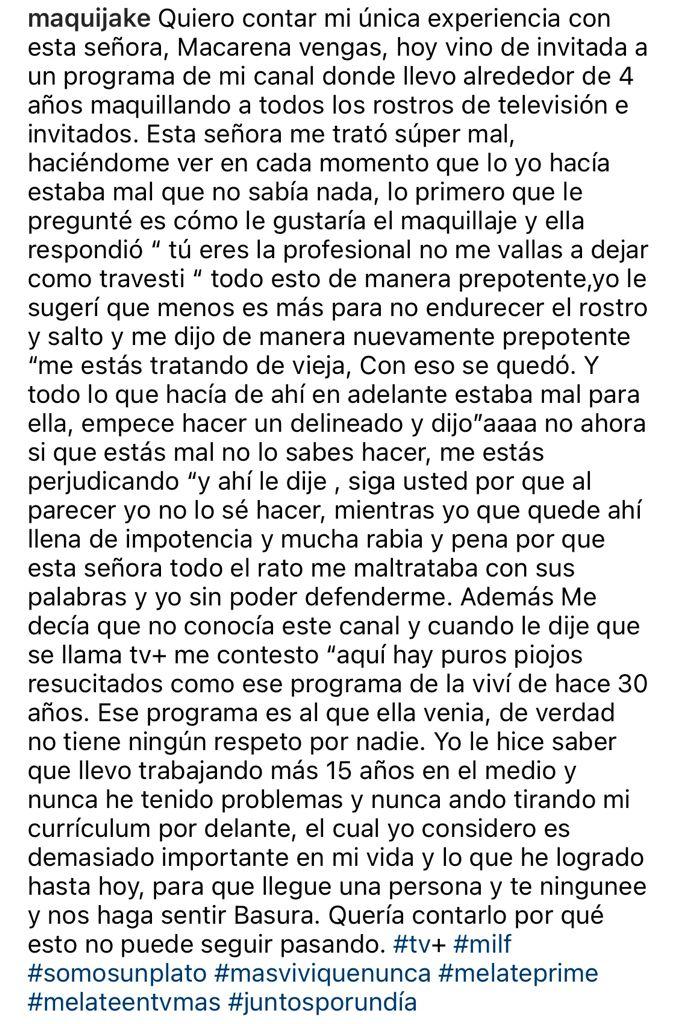 Maquilladora acusa a Maca Venegas de malos tratos