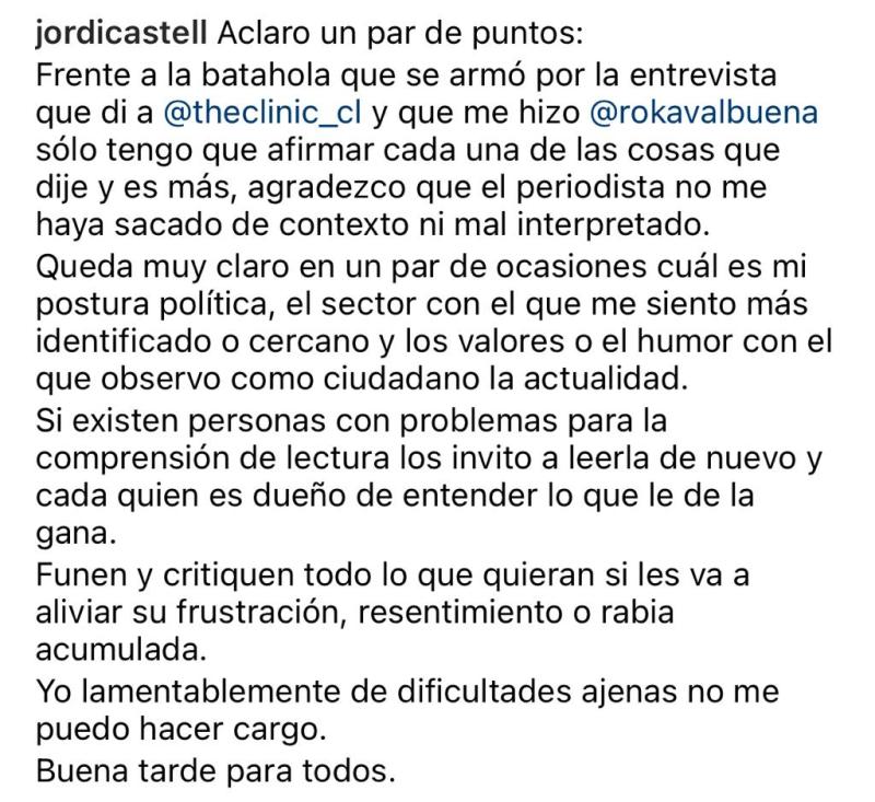 Jordi Castell defiende sus dichos en polémica entrevista