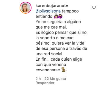 Karen Bejarano responde a pesado comentario de una seguidora