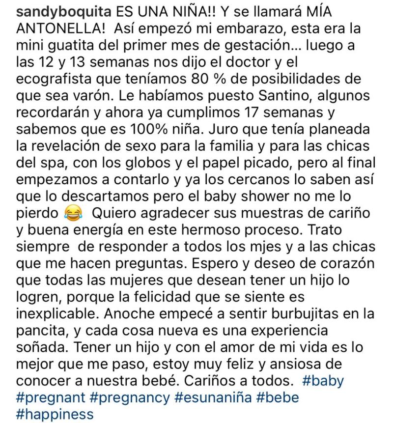 Sandy Boquita revela el sexo y nombre de su bebé