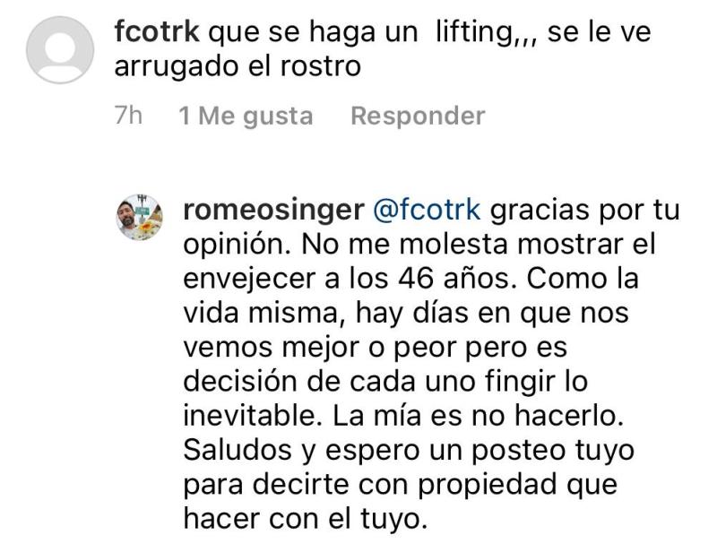 Romeo Singer responde a dura crítica por sus arrugas