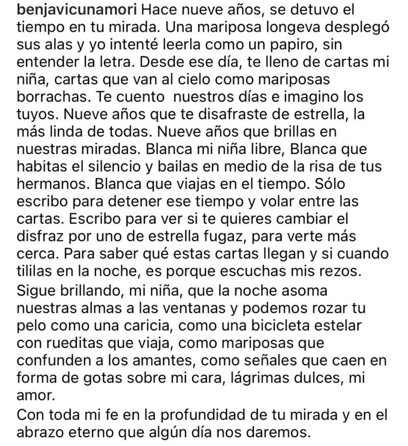 Benjamín Vicuña emociona con mensaje para su hija Blanca