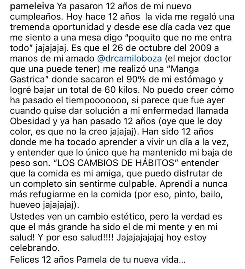 Pamela Leiva festeja el aniversario de su cirugía bariátrica