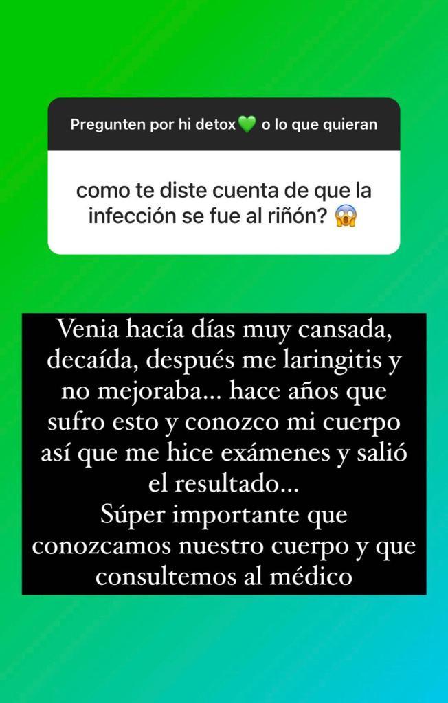 Laura Prieto desclasifica la inflamación al riñón que sufre