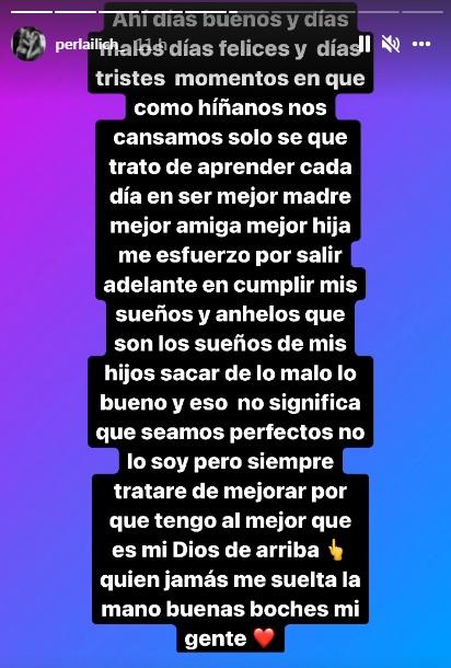 La sentida reflexión de Perla Ilich sobre su vida