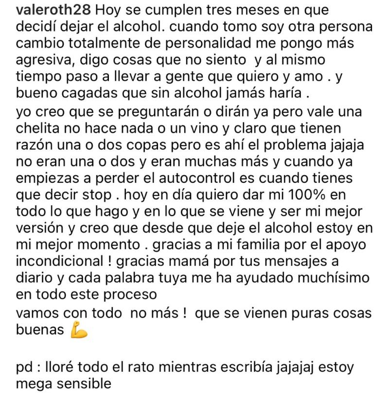“Quiero dar mi 100%”: Vale Roth revela que dejó el alcohol