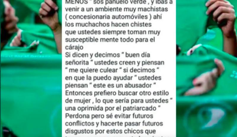 "Prefiero otro estilo de mujer": Empresa de autos no contrató a mujer por ser "pañuelo verde"