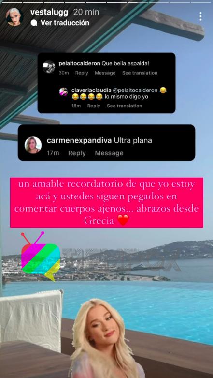 "Abrazos desde Grecia": La irónica respuesta de Vesta Lugg ante comentarios sobre su físico
