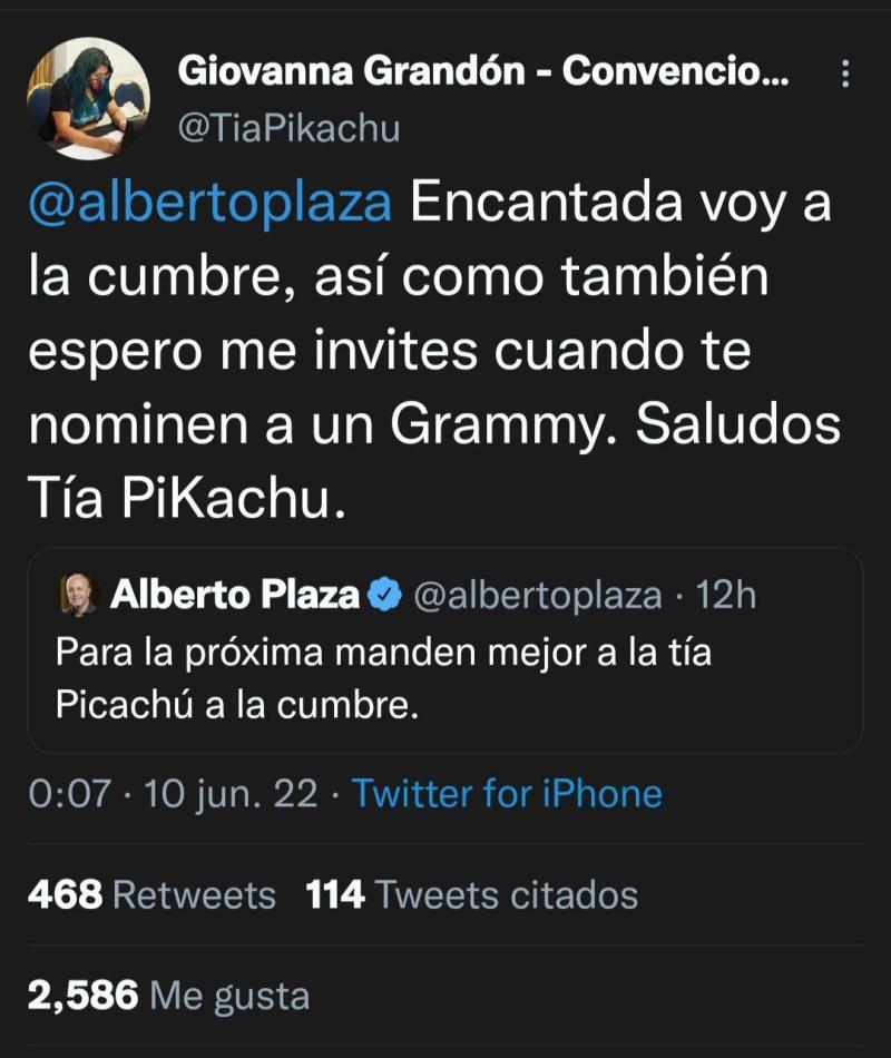 "Cuando te nominen a un Grammy...": 'Tía Pikachu' respondió a irónico mensaje de Alberto Plaza