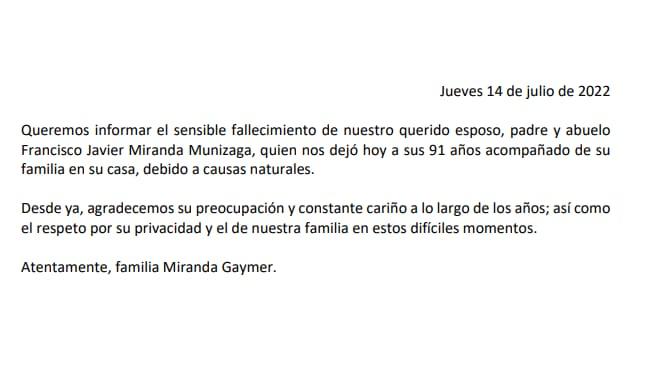 Javier Miranda muere a los 91 años