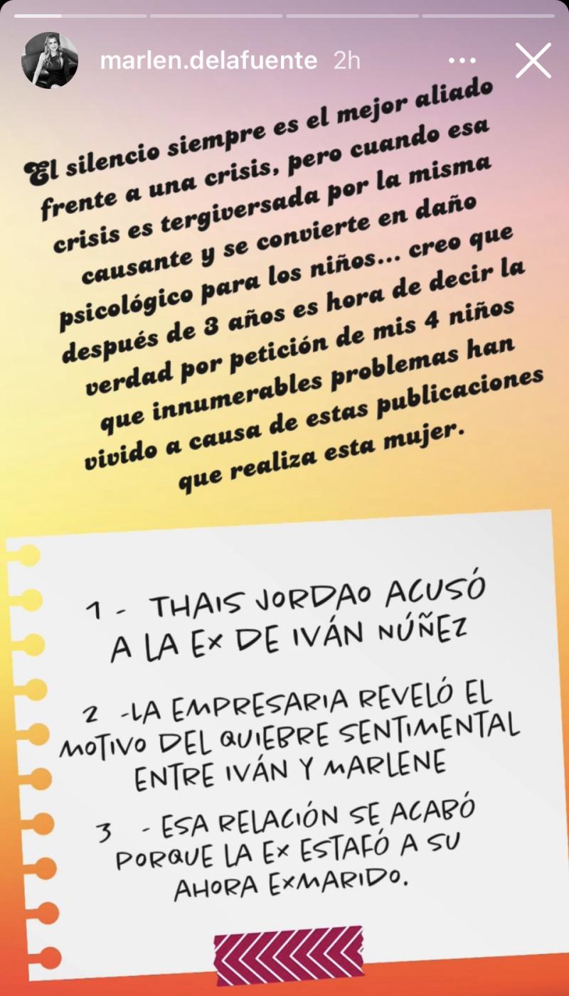 Marlene de la Fuente emplazó públicamente a la pareja de Iván Núñez