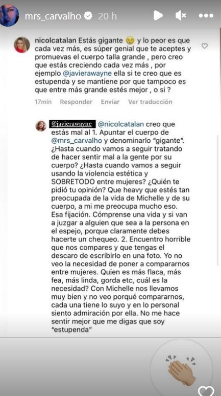 Michelle Carvalho subió como historia el descargo de Javiera Wayne