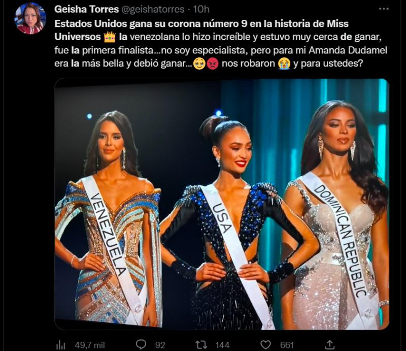 Tuits de venezolanos reclamando por "Miss Universo 2022"